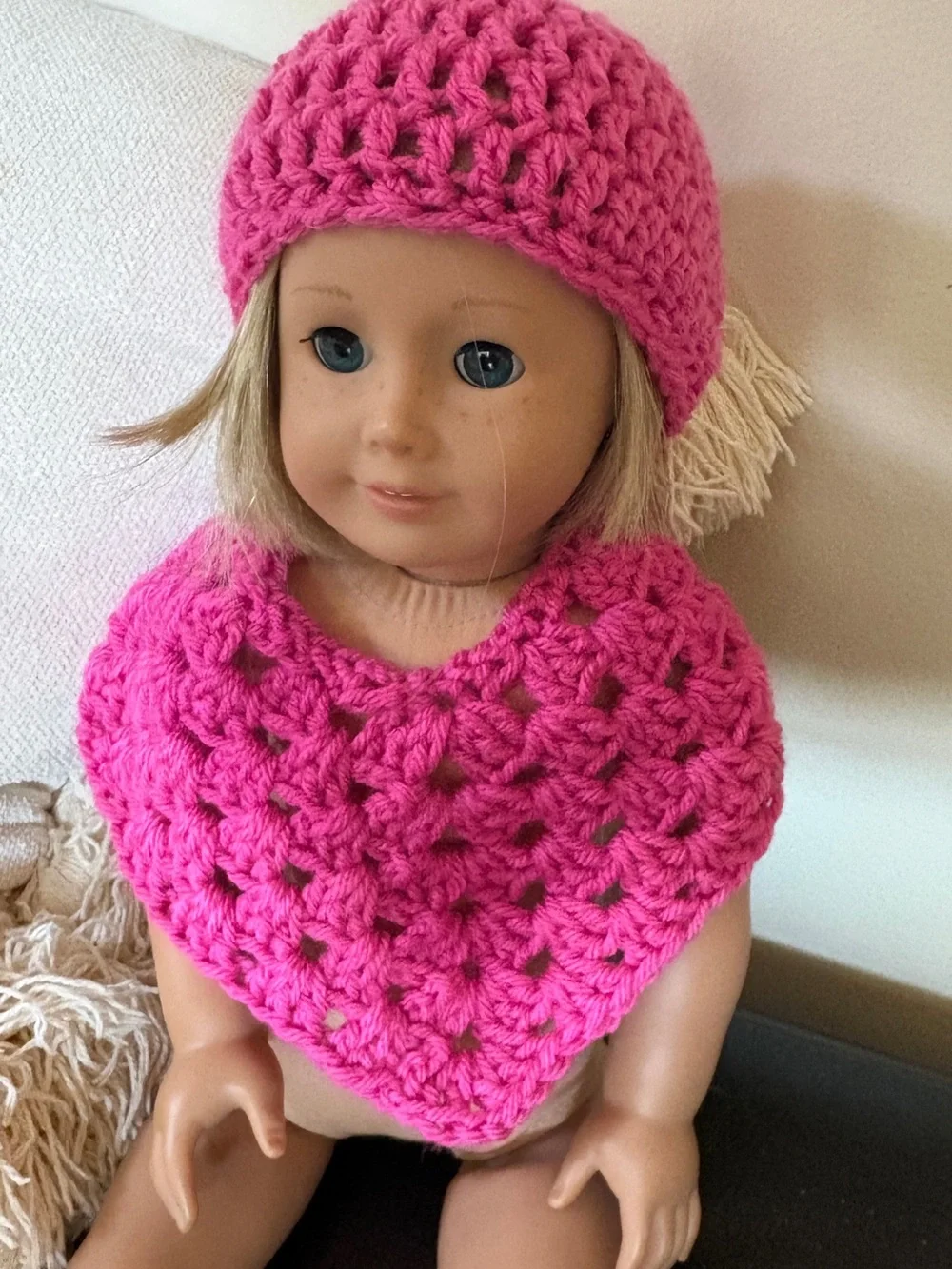 Pink Crochet Doll Hat and Poncho Set - Kids Toys